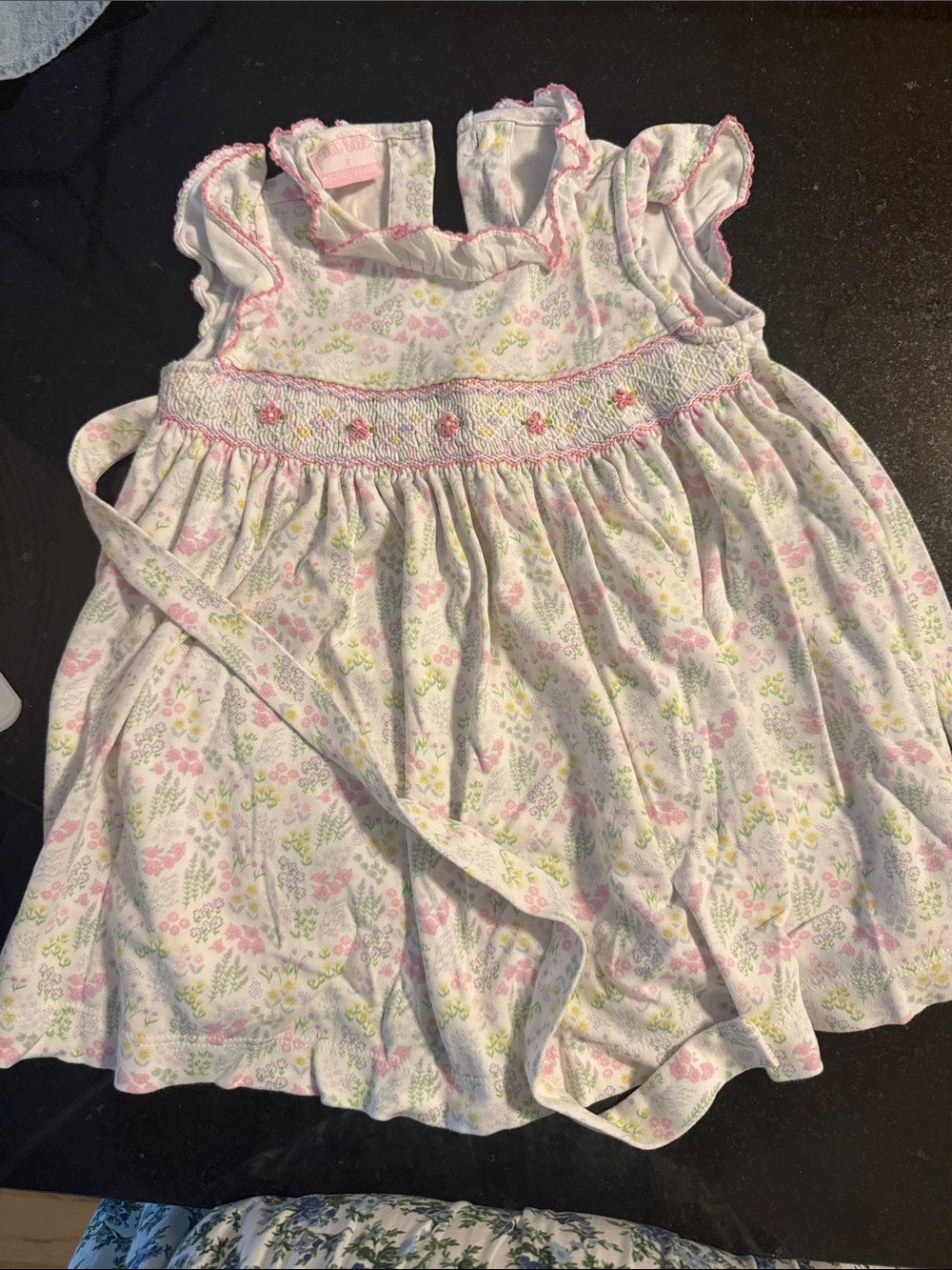 Girls White Floral Smocked Sundress - Pink & Green Accents